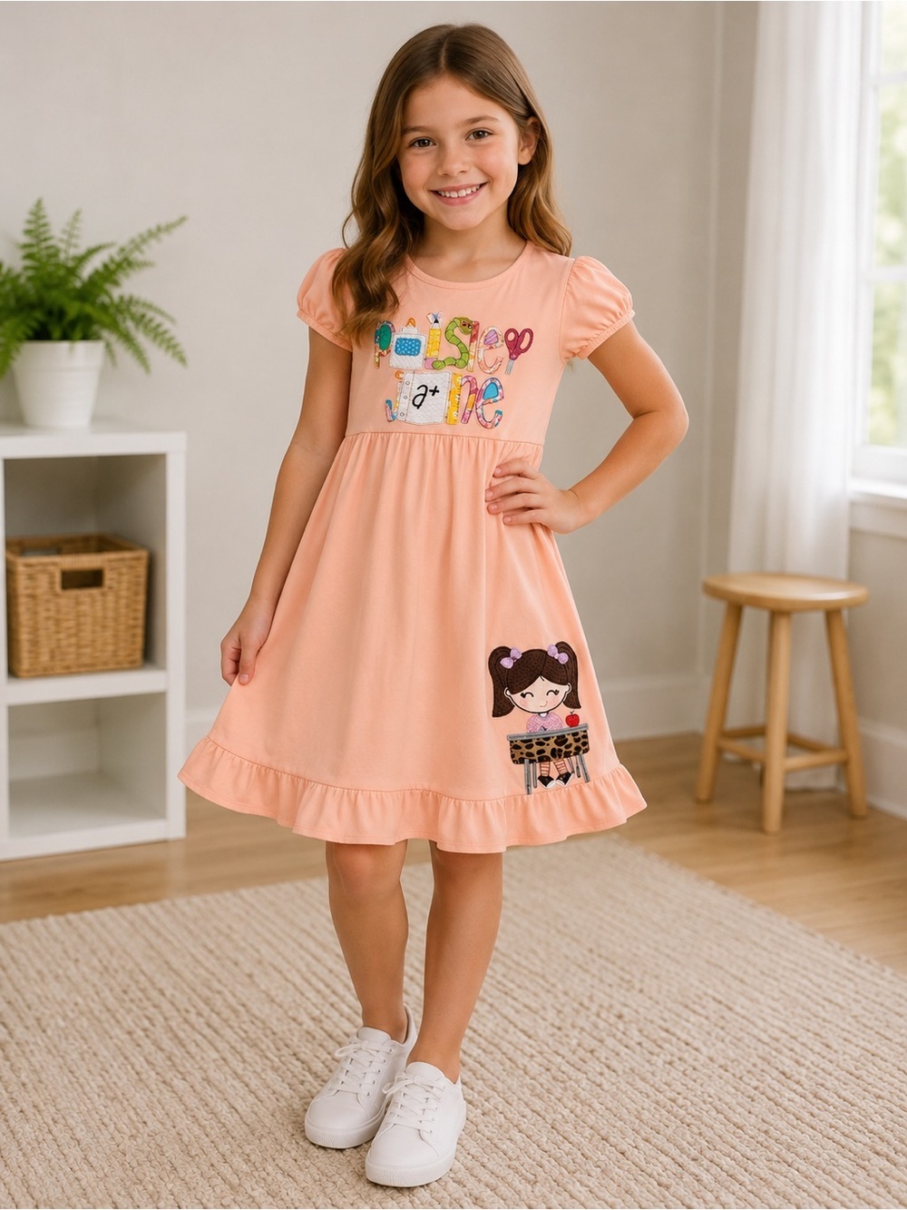 Paisley Jane Peach Kids Dress with Doll Appliqué
